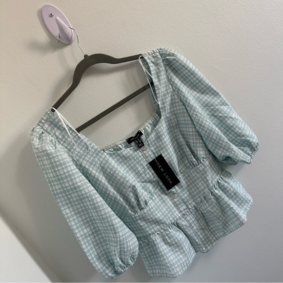 (NWT)  New Look button up tea cute blouse in mint plaid - Picture 7 of 10